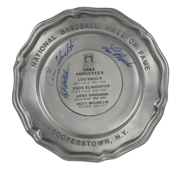 1985 Cooperstown Hall of Fame Pewter Plate Signed By Wilhelm, Brock, and Slaughter